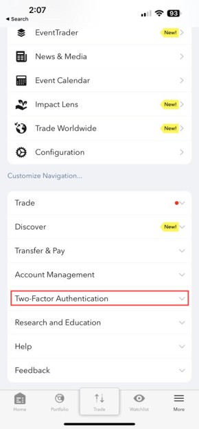 Image of the IBKR mobile two-factor authentication menu on the iPhone